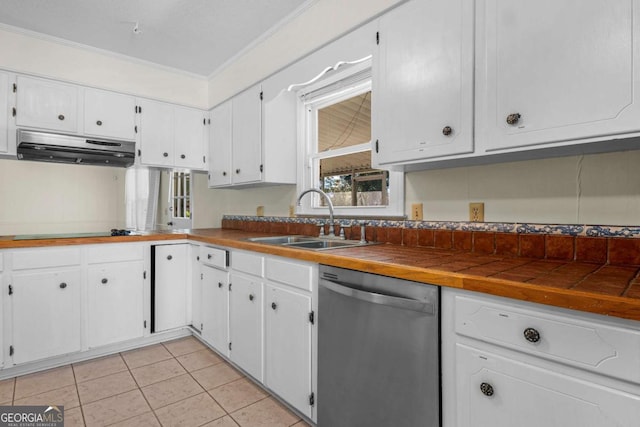 kitchen with ventilation hood, a sink, white cabinets, dishwasher, and black electric stovetop