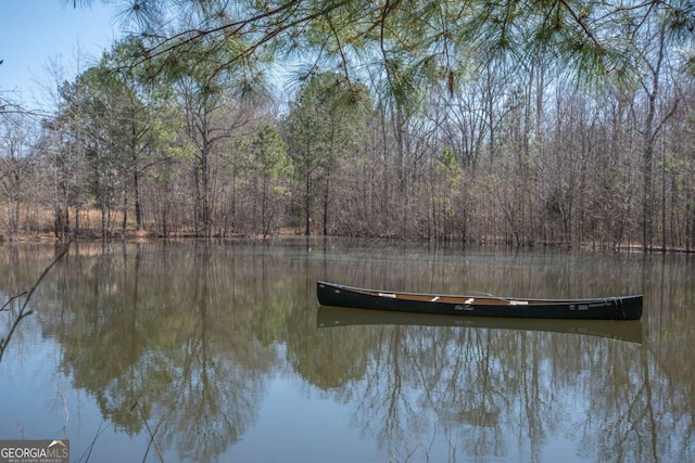 view of dock featuring a forest view and a water view