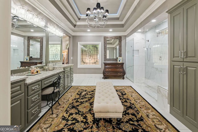 912 Mcelroy Mountain Dr, Big Canoe, GA 30143 - full bath featuring a marble finish shower, ornamental molding, a chandelier, a tray ceiling, and vanity