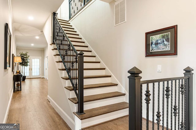 912 Mcelroy Mountain Dr, Big Canoe, GA 30143 - stairway featuring wood finished floors, baseboards, crown molding, and recessed lighting