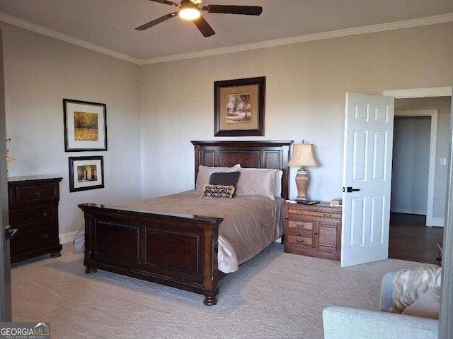 912 Mcelroy Mountain Dr, Big Canoe, GA 30143 - bedroom with crown molding, light colored carpet, baseboards, and a ceiling fan