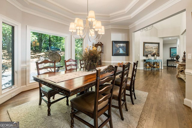 dining room featuring a wealth of natural light, a chandelier, wood finished floors, and crown molding