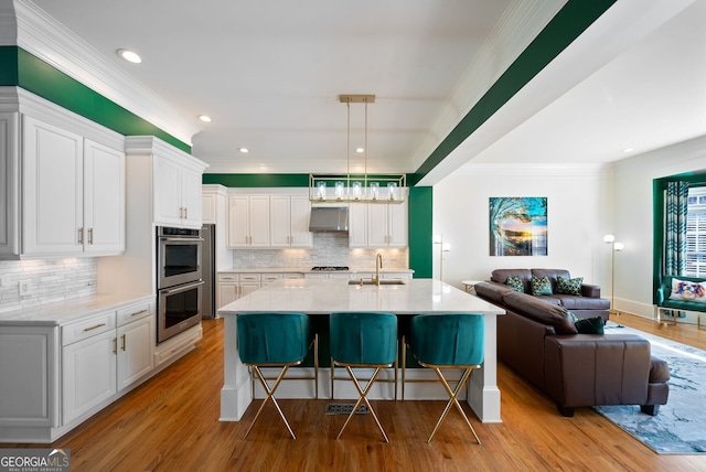 kitchen featuring light wood finished floors, a sink, stainless steel appliances, under cabinet range hood, and open floor plan