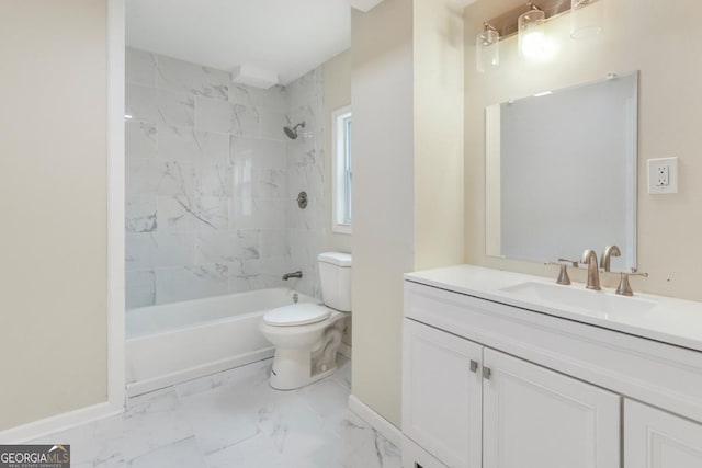 bathroom featuring toilet, marble finish floor,  shower combination, baseboards, and vanity