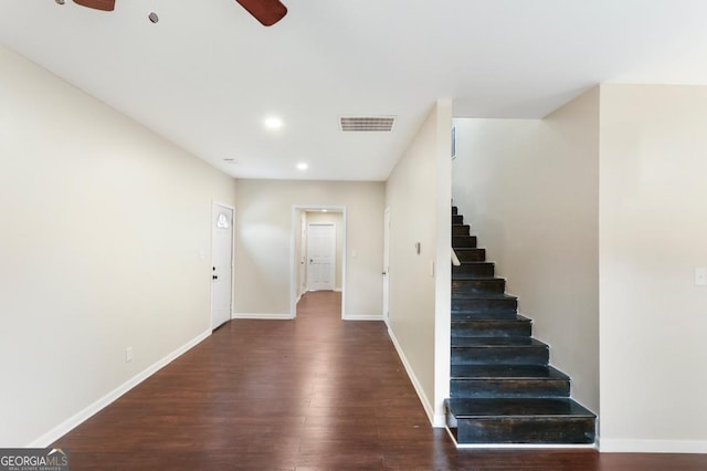 staircase featuring visible vents, a ceiling fan, wood finished floors, recessed lighting, and baseboards