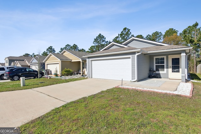 ranch-style house with concrete driveway, a garage, and a front yard