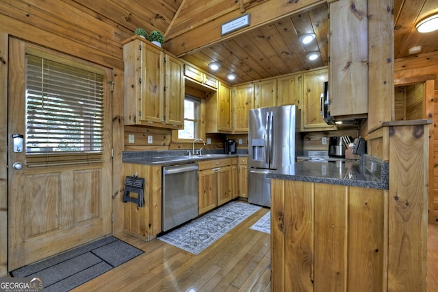 kitchen featuring wooden ceiling, dark countertops, light wood-style floors, and stainless steel appliances