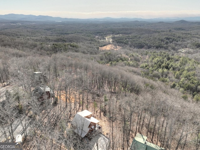 birds eye view of property featuring a view of trees and a mountain view