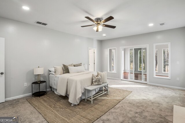 bedroom featuring visible vents, recessed lighting, and carpet floors