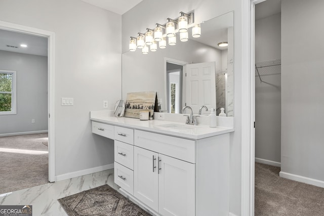 bathroom featuring visible vents, marble finish floor, a shower, baseboards, and vanity