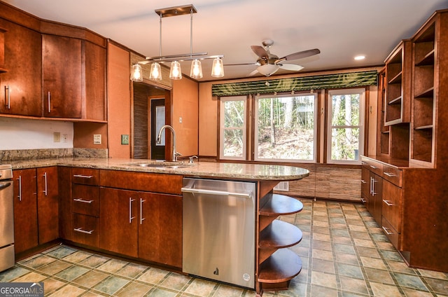 kitchen with open shelves, light stone countertops, dishwasher, a peninsula, and a sink