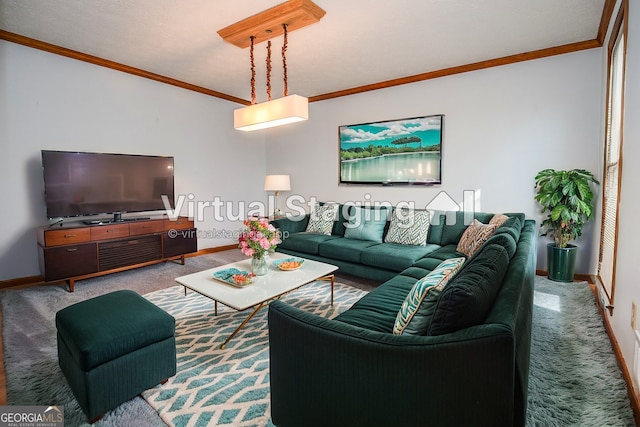 living room featuring baseboards, ornamental molding, and carpet flooring