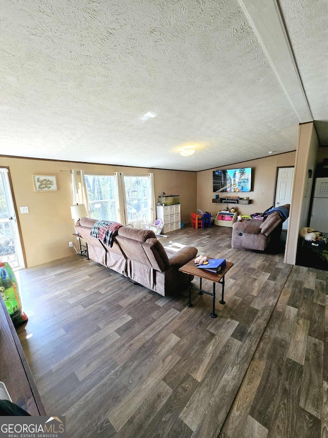 living area with wood finished floors and a textured ceiling