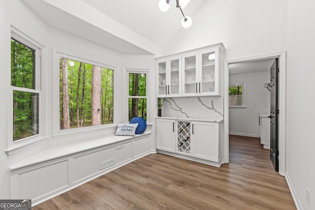 mudroom featuring lofted ceiling, wood finished floors, and visible vents