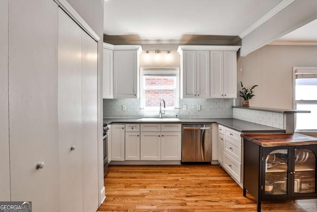 kitchen with a sink, plenty of natural light, appliances with stainless steel finishes, and crown molding