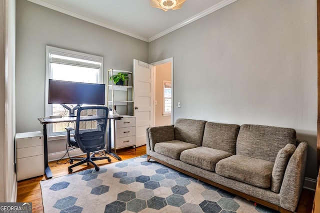 office area featuring crown molding and wood finished floors