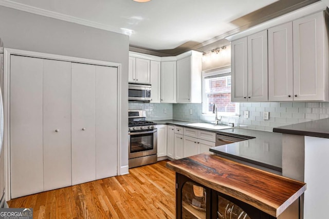 kitchen featuring light wood finished floors, dark countertops, backsplash, stainless steel appliances, and a sink