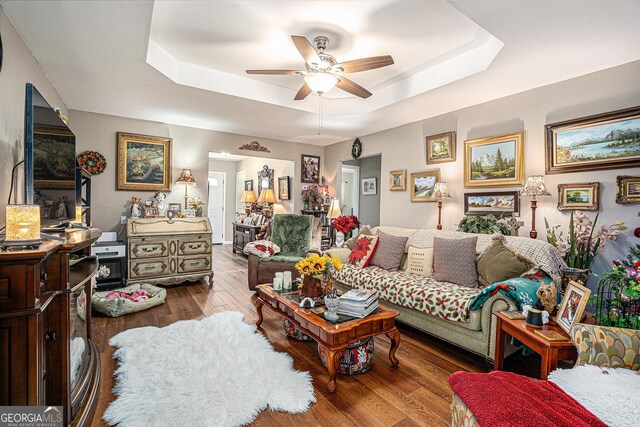 410 Bowen Rd NE, White, GA 30184 - living area featuring a ceiling fan, hardwood / wood-style flooring, and a raised ceiling