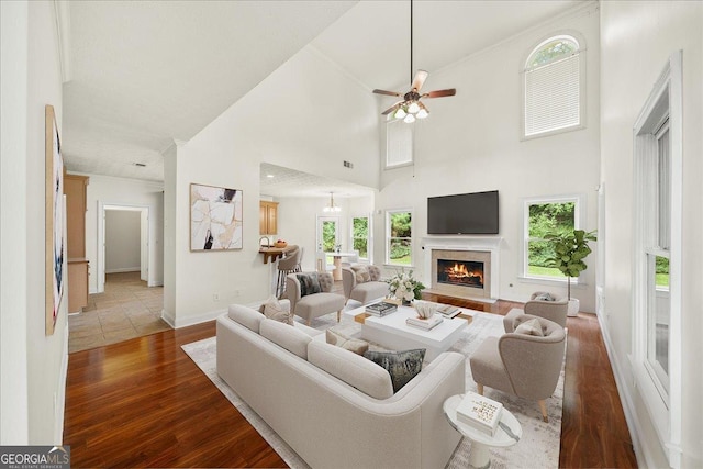 living area with baseboards, a warm lit fireplace, dark wood finished floors, and a healthy amount of sunlight