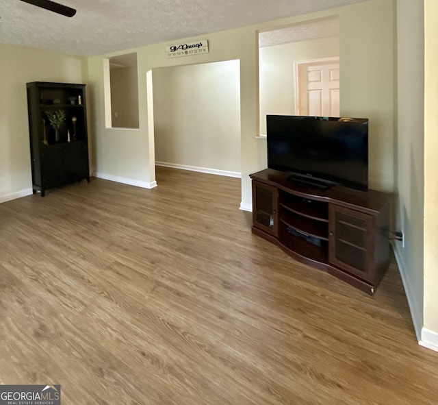1537 David Lee St, Acworth, GA 30102 - unfurnished living room with wood finished floors, baseboards, a textured ceiling, and ceiling fan