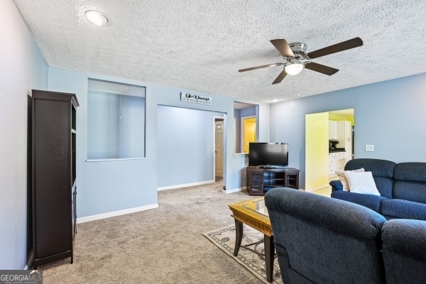 living area featuring baseboards, a ceiling fan, carpet flooring, and a textured ceiling