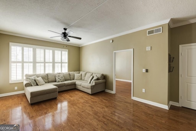 1101 Juniper St Unit 61, Atlanta, GA 30309 - living area with a textured ceiling, ceiling fan, crown molding, healthy amount of natural light, and wood finished floors