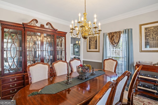 dining area with an inviting chandelier and ornamental molding