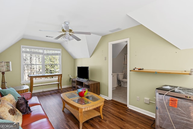 living area featuring vaulted ceiling, visible vents, a ceiling fan, and wood finished floors