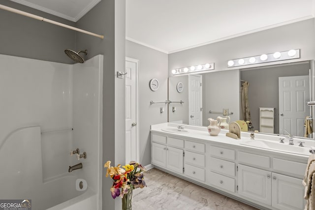 bathroom featuring a sink, ornamental molding, double vanity, and shower / bath combination with curtain