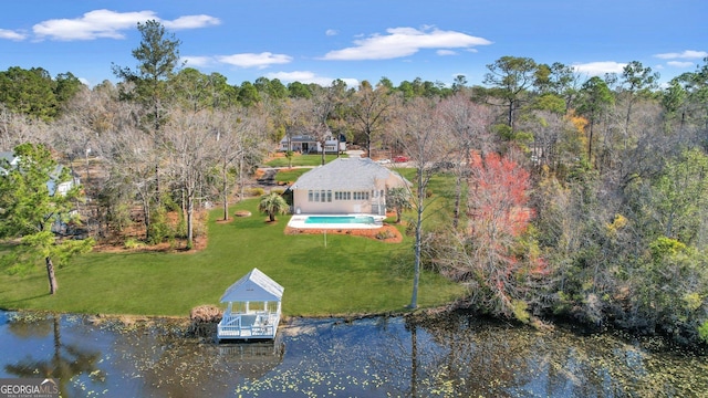 drone / aerial view featuring a water view