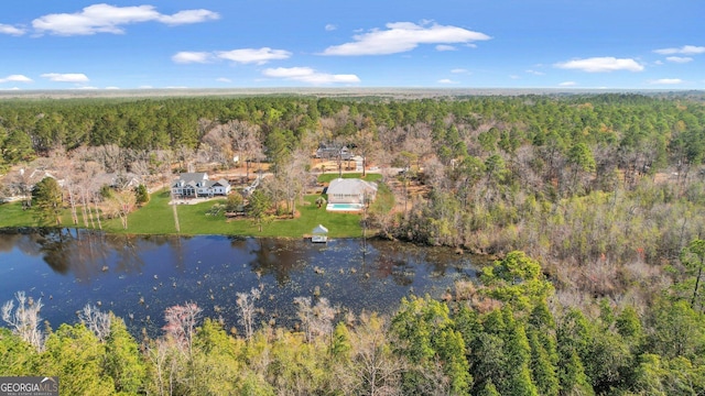 drone / aerial view with a view of trees and a water view