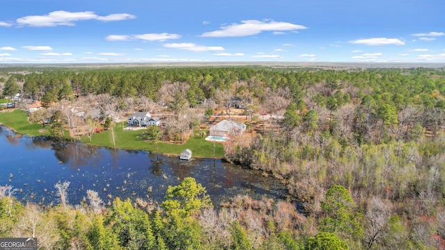 drone / aerial view featuring a water view and a wooded view