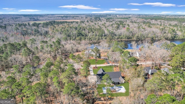 birds eye view of property with a water view and a wooded view