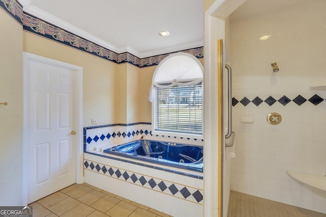 full bath featuring tile patterned floors, a whirlpool tub, a shower stall, and crown molding