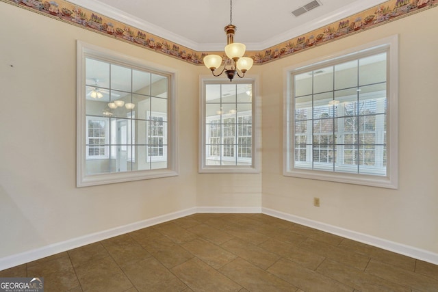 unfurnished dining area with visible vents, a wealth of natural light, and a chandelier