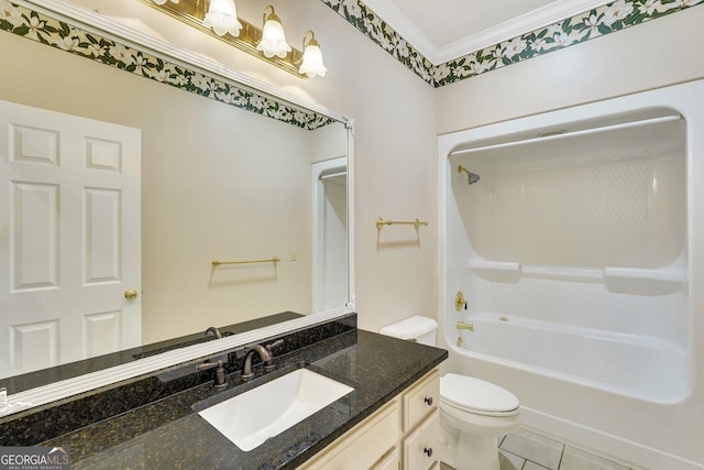 full bath featuring toilet, ornamental molding, shower / bathing tub combination, tile patterned flooring, and vanity