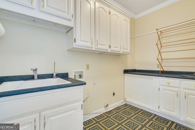 laundry room with crown molding, hookup for a washing machine, cabinet space, electric dryer hookup, and a sink