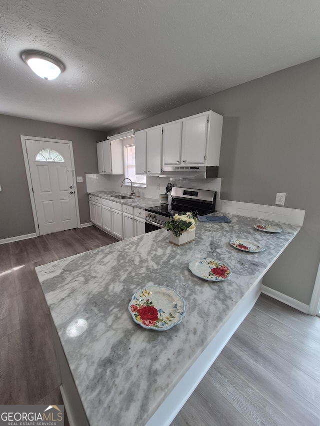 kitchen featuring electric stove, a sink, white cabinets, baseboards, and dark wood-style flooring