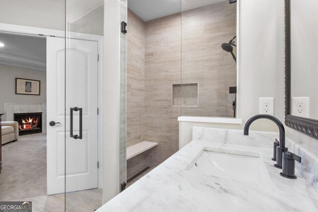202 Via Lucca, Woodstock, GA 30188 - bathroom with vanity, a stall shower, and a warm lit fireplace