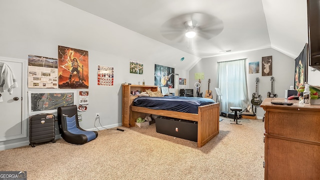 bedroom featuring a ceiling fan, baseboards, visible vents, vaulted ceiling, and light carpet