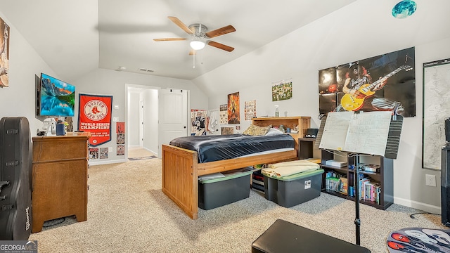 bedroom with visible vents, carpet flooring, baseboards, and lofted ceiling