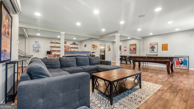 living area with pool table, baseboards, decorative columns, recessed lighting, and light wood-style floors