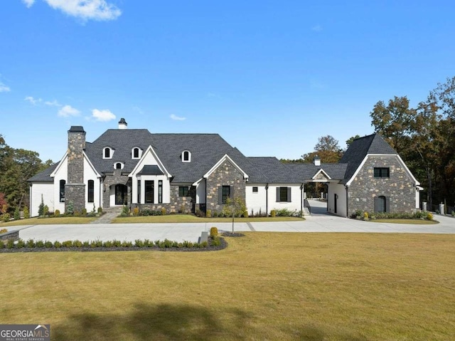 french provincial home with stone siding, a chimney, and a front yard