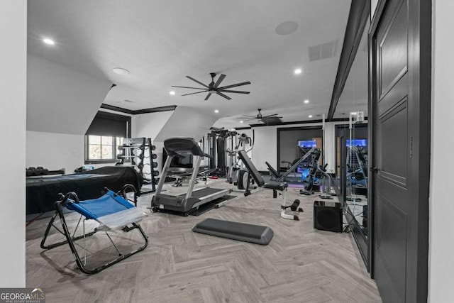 workout area featuring recessed lighting, visible vents, and ceiling fan