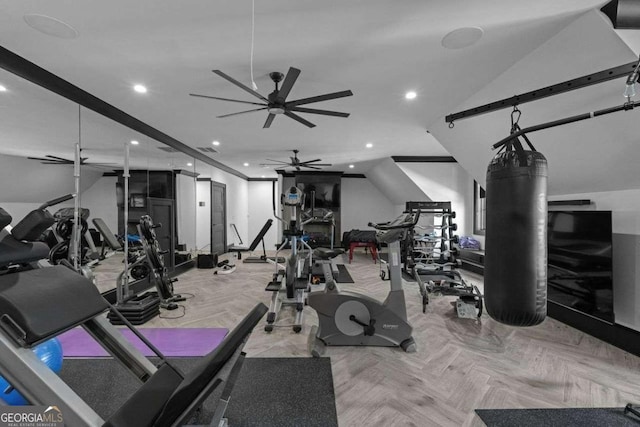 gym featuring recessed lighting, visible vents, and ceiling fan