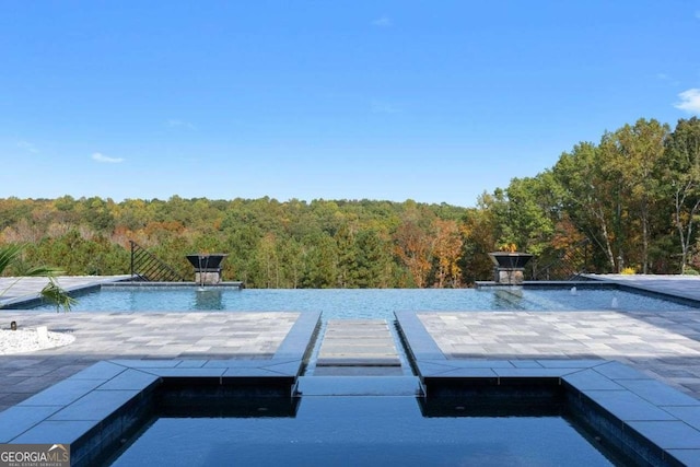 view of swimming pool featuring a view of trees and a boat dock