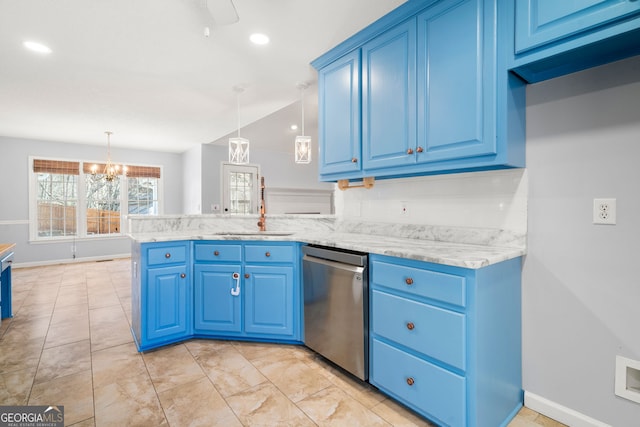 kitchen with an inviting chandelier, blue cabinetry, a peninsula, a sink, and stainless steel dishwasher