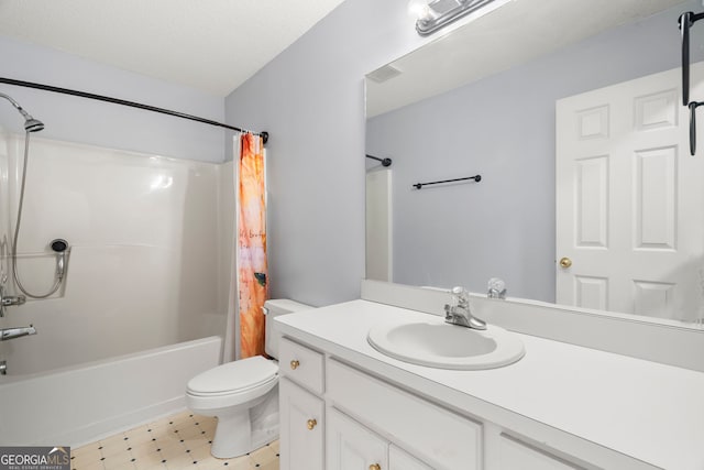 full bath featuring tile patterned floors, shower / bath combination with curtain, toilet, and vanity