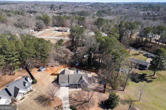 bird's eye view with a wooded view