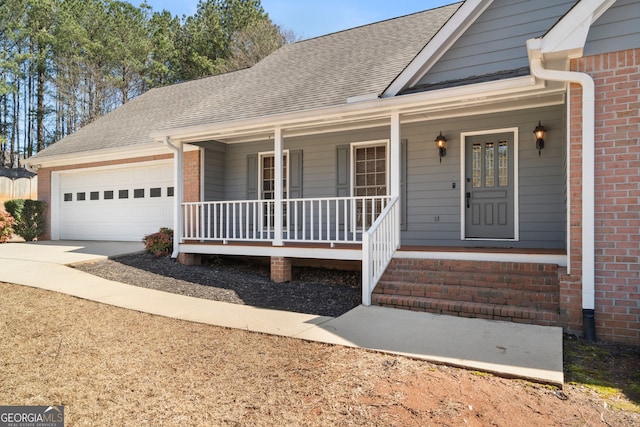 property entrance with driveway, a porch, an attached garage, a shingled roof, and brick siding